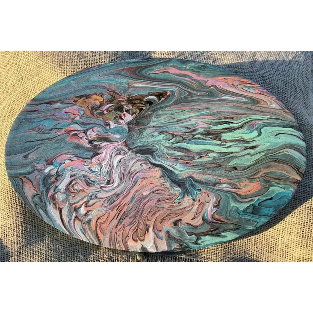 New Abstract Art paint pour on canvas oval 8 x 12in Beautiful Sealed original
